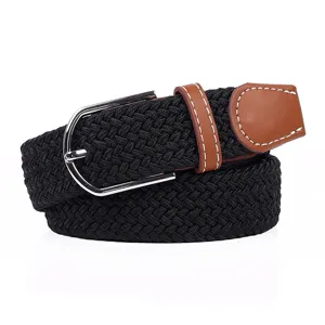 Classic black woven elastic belt with silver metal pin buckle and brown leather trim for men.