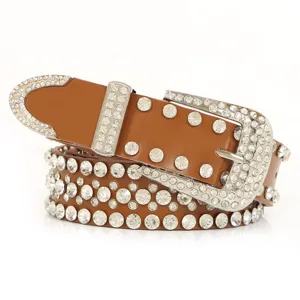 Donna moda cintura in vera pelle strass scintillanti fibbia ad ardiglione marrone