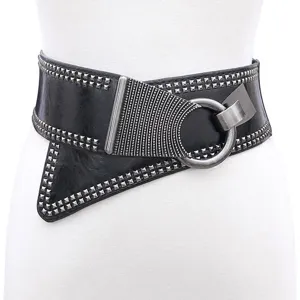 Damen Punk Stil breiter elastischer Taillengürtel mit Nieten und Ring Schnalle Mode.