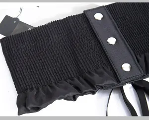 Cinturón de corsé elástico ancho negro con volantes y botones metálicos para vestido.