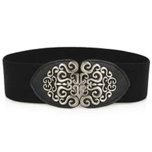 Detailed close-up view of the black wide elastic waist belt with ornate vintage silver metal clasp.