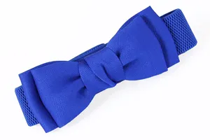 Royal blue elastic waist belt with large bowknot, stylish dress accessory for women.