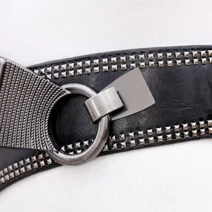 Damen Punk Stil breiter elastischer Gürtel mit Nieten und Ring Schnalle Mode Taillen Accessoire