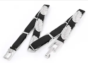Women fashion metal leaf elastic belt detail, elegant black strap with silver leaf decor.