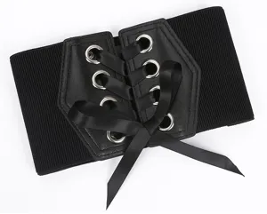 Cintura corsetto elastica larga nera da donna, dettaglio allacciatura in PU fashion.