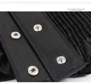 Black wide elastic waistband detail shot, PU leather and metal snap buttons for dresses.