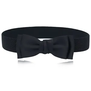 Black elastic waist belt for women with elegant bowknot design, perfect for dress accessories.