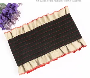 Wide elastic waist belt for women, fashion black cincher with ruffles and red stitching.