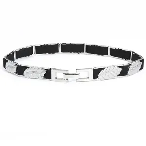 Women elastic waist belt with metal leaves silver and black dress accessory fashion