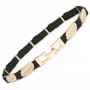 Women fashion elastic waist belt gold leaf metal buckle dress decorative black belt