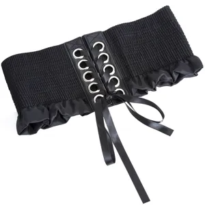 Cinturón de corsé elástico ancho negro con ojales metálicos y lazo para vestido de mujer