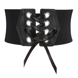 Donna Largo Corsetto Cintura Moda Allacciata Elastico Corsetto Pelle PU Fiocco Fascia Per Abito Camicia