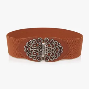 Retro wide elastic waist belt with vintage metal clasp for women dresses and coats.