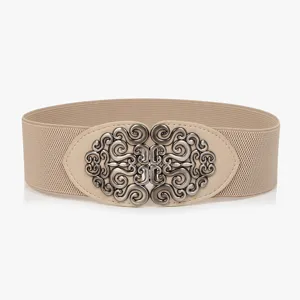 Retro vintage elastic wide belt with ornate antique silver buckle for dresses and coats.