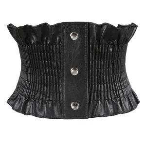 Black elastic wide waist corset belt with ruffled edges and metal snap buttons for women.