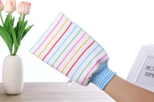 Close-up view of colorful striped exfoliating bath glove, soft and textured fabric for daily use.
