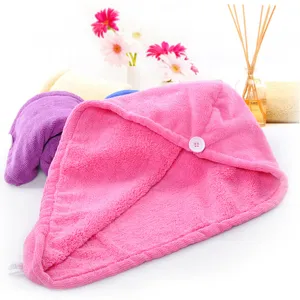 Gorro de toalla de pelo de secado rápido de microfibra, absorbente con botón para baño.