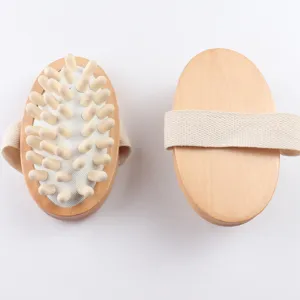 Wooden body massage brush with wooden nodes and hand strap for spa relaxation and daily wellness
