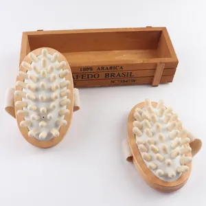 Wooden body massage brush set with elastic hand strap and natural wooden stimulation nodes.