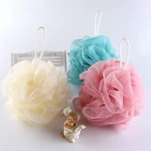 Colorful mesh bath sponge set for daily shower exfoliating body scrubber with lanyard.