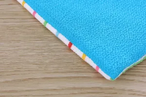 Thickened double-sided exfoliating bath glove detail, blue textured fabric with colorful edges.