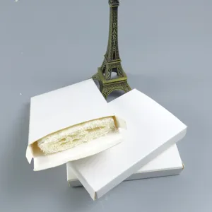 Natural plant loofah bath sponge in white box, eco-friendly exfoliating body scrubber tool.