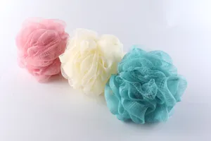 Colorful mesh bath sponge shower puff PE net body scrubber exfoliation tool set of three colors.