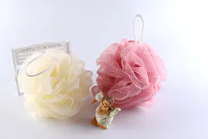 Colorful mesh bath sponge set for daily shower exfoliating, soft PE loofah with hanging string.
