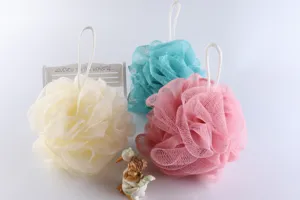 Colorful mesh bath sponges shower puffs set with hanging strings for daily body cleaning.