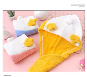 Cute 3D cartoon coral fleece dry hair cap, soft and super absorbent bath towel wrap for quick drying.