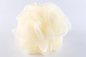 Soft PE mesh bath sponge detail view, fluffy mesh scrubber for body cleaning and gentle shower.