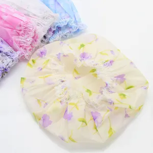 Waterproof shower cap with lace edge, floral print umbrella cloth hair protection cap detail.