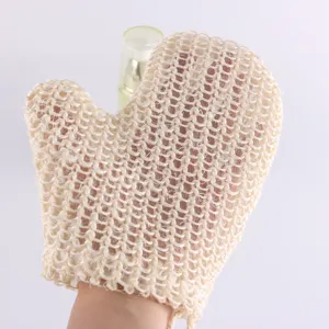 Sisal bath exfoliating mitt, natural mesh shower glove with thumb for deep body cleansing spa.