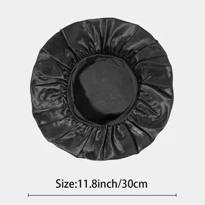Detailansicht schwarze Satin Schlafkappe Haarbonnet mit Groesse 11.8 Zoll Massangabe.