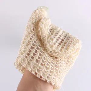 Natural sisal bath mitt detail shot, mesh exfoliating glove with thumb hole and elastic cuff.