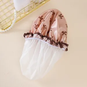 Double layer satin shower cap with cute bow print waterproof bath cap for women hair care