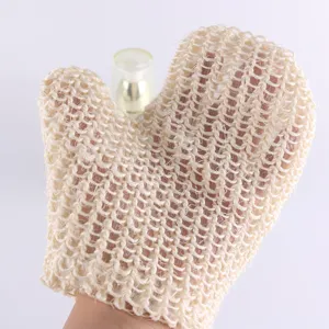 Close-up detail of the sisal bath glove showing its textured mesh weave and thumb design.
