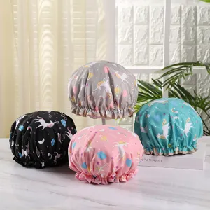 Waterproof double layer shower cap with cute cartoon unicorn print, elastic lace home hair cap.