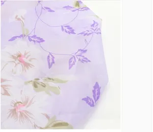 Waterproof shower cap detail view, featuring elegant floral print on light purple umbrella fabric.