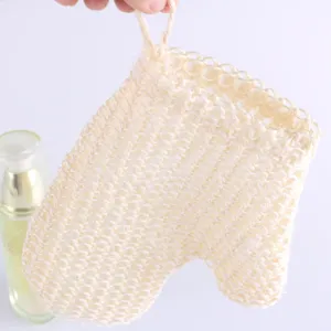 Detail shot of natural sisal bath mitt with thumb design for gentle skin exfoliation.