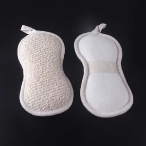 Peanut shaped exfoliating bath sponge double sided scrubber with elastic hand strap and loop