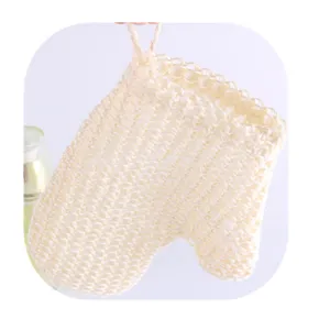 Natural sisal exfoliating bath glove with thumb and elastic wrist for daily body cleaning.