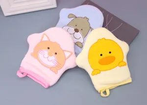 Cute cartoon animal baby bath gloves detail, soft cotton fabric with convenient hanging loop.