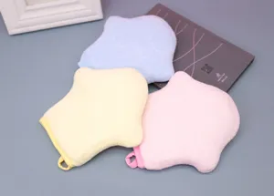 Detailed view of soft baby bath gloves, cute cartoon shape bath sponge for newborn kids daily washing.