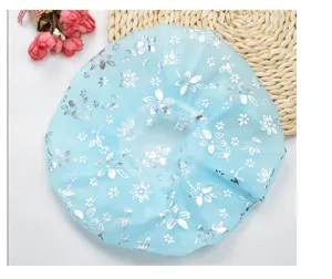 Waterproof shower cap for women with silver floral print, reusable elastic bath hair cap.