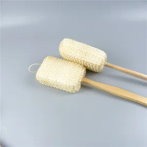 Close-up detail of natural sisal bath brush with wooden long handle for back scrubbing.