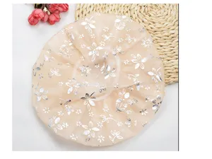Waterproof thickened shower cap for women with gold stamping floral pattern, ideal for bath and hair.