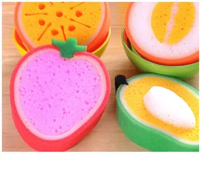 Fruit shaped kitchen cleaning sponges, cute dishwashing sponge wipe for heavy duty cleaning.