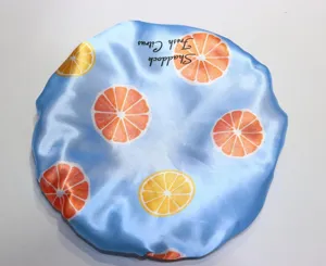 Cuffia per capelli in raso blu con stampa di agrumi, comoda cuffia da doccia per la cura.
