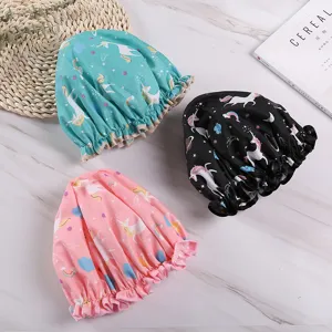 Cartoon print waterproof shower cap with elastic frill, double layer hair cap for home use.
